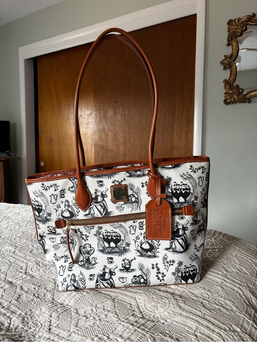 Disney Dooney & Bourke White with Tan Leather Trim Printed Tote